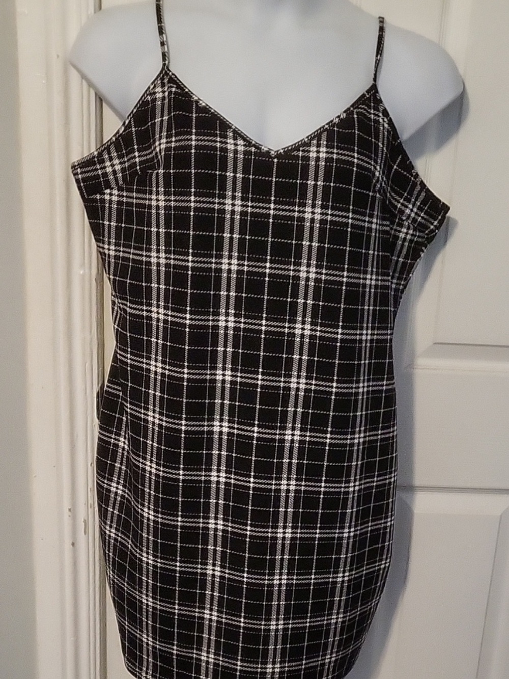 SHEIN Black and White Plaid Slip Dress with Thin Adjustable Straps